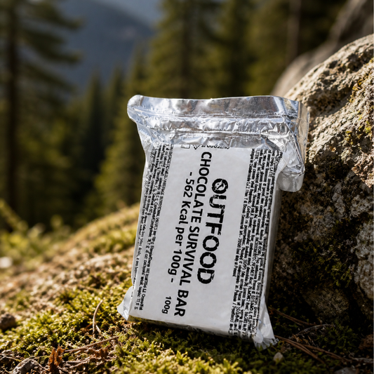 Barretta Outfood Chocolate Survival Bar da 100g, 562 Kcal, confezione bianca e argento su muschio.