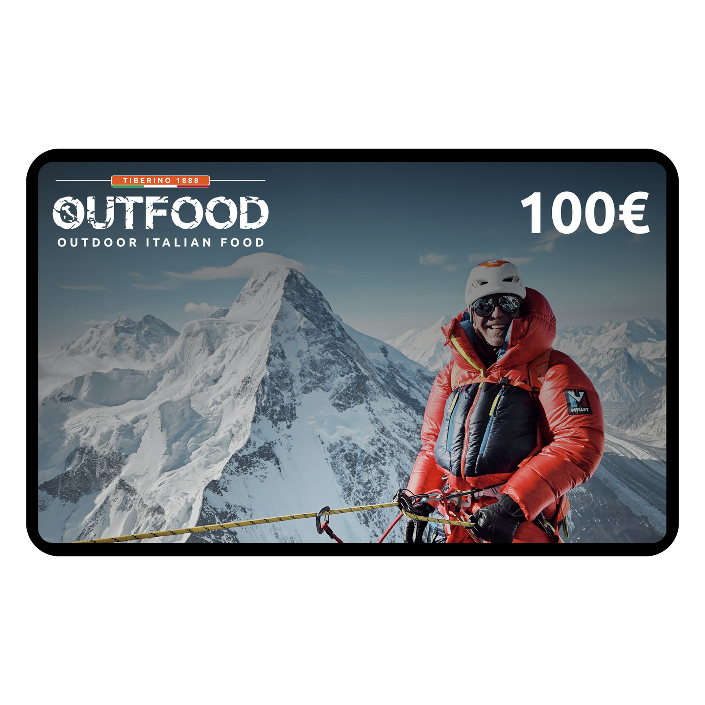 Gift Card Outfood da 100€ con alpinista in giacca rossa e casco bianco su sfondo montano innevato.