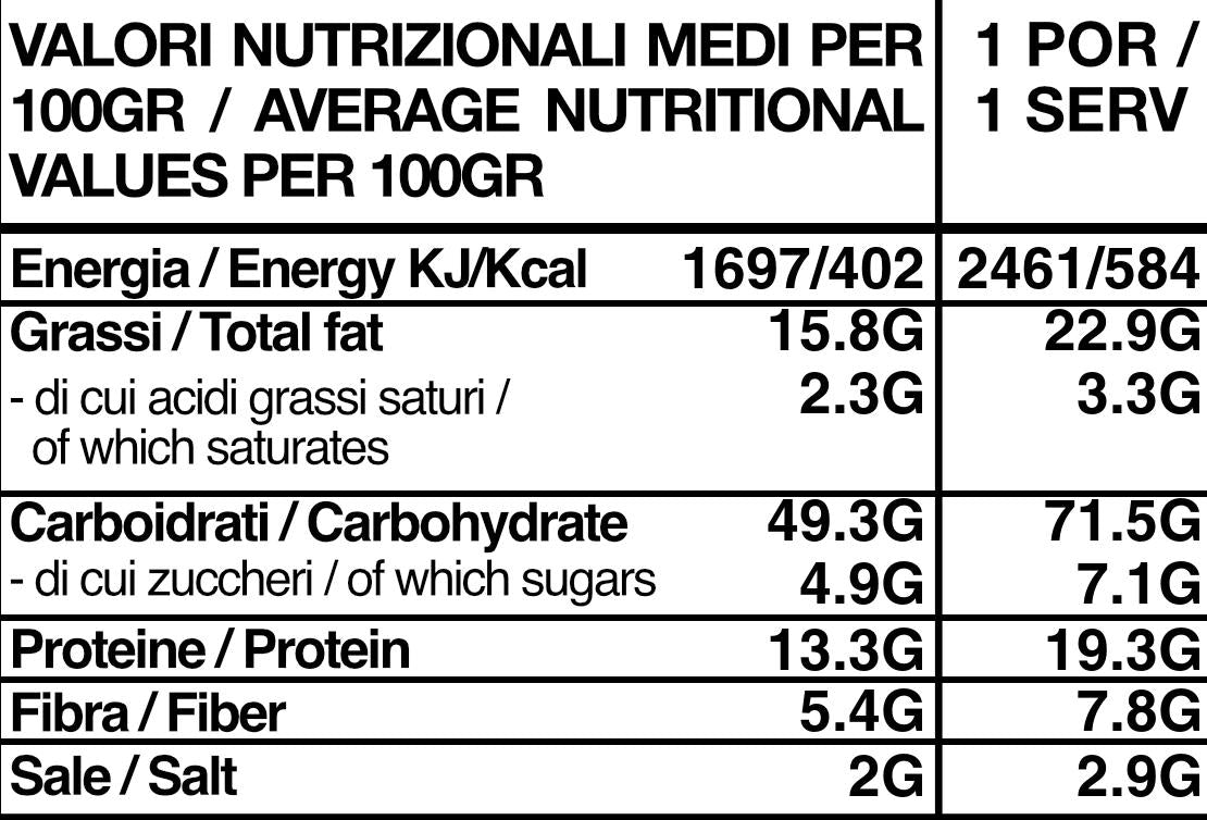 Tabella nutrizionale bianca e nera con valori medi per 100g e per porzione di energia, grassi, carboidrati, proteine, fibre e sale.