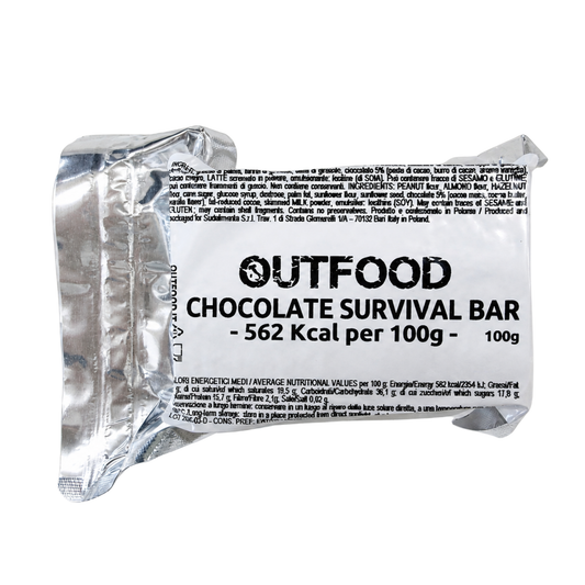 Barretta Outfood Chocolate Survival Bar da 100g in confezione argentata con testo nero, 562 Kcal.