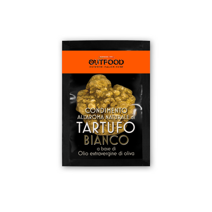 Bustina monodose nera e arancione di condimento Outfood al tartufo bianco da 10ml, con immagine di tartufo.