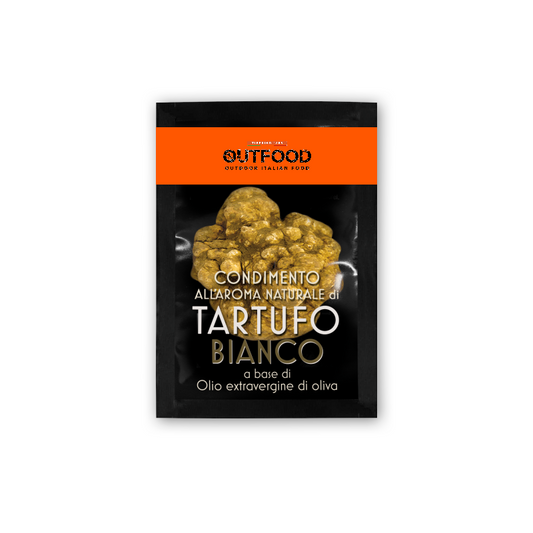 Bustina monodose nera e arancione di condimento Outfood al tartufo bianco da 10ml, con immagine di tartufo.