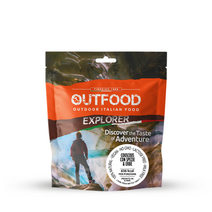 Busta Outfood Explorer arancione e marrone con couscous con spezie ed erbe, 636 kcal, 180g.