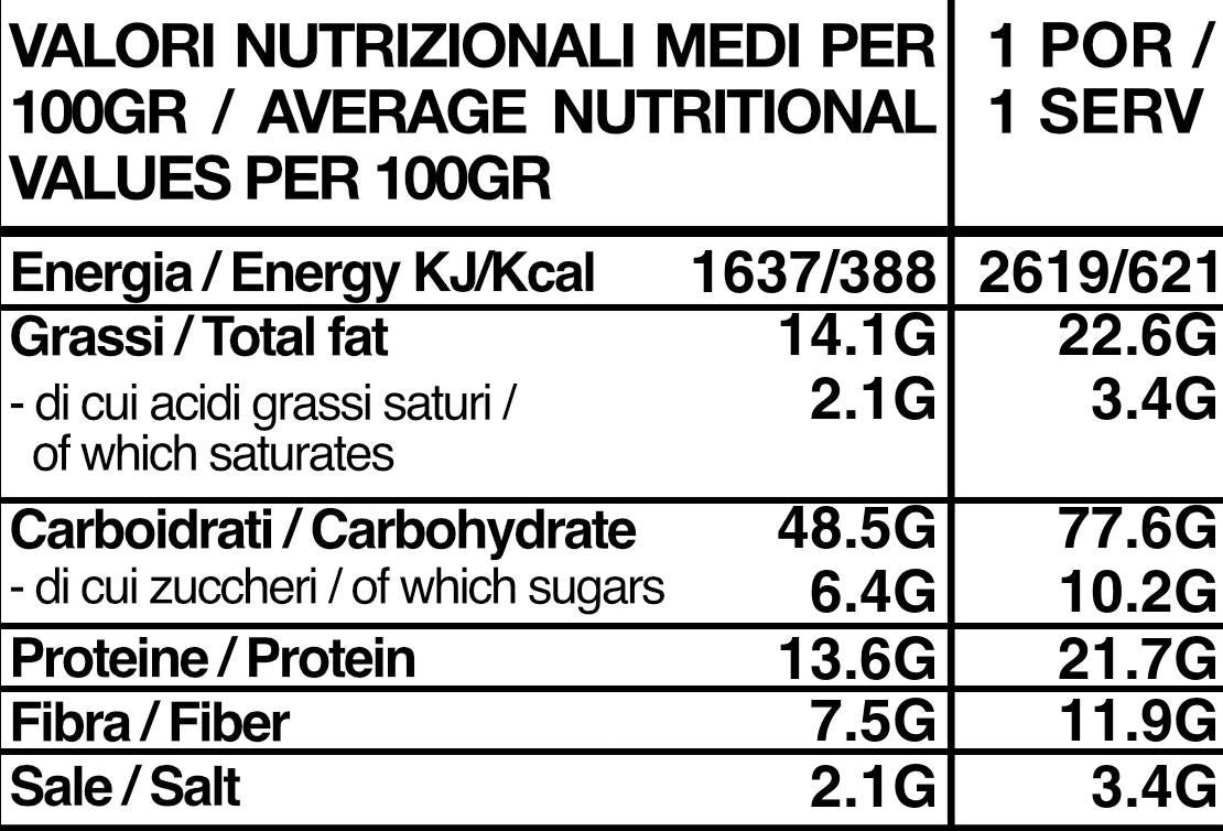 Tabella nutrizionale bianca e nera con valori medi per 100g e per porzione di Couscous Outfood.