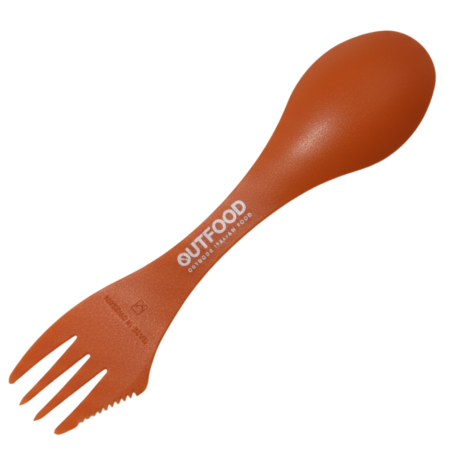 Spork Outfood arancione in plastica, con cucchiaio, forchetta a tre rebbi e bordo seghettato, logo Outfood bianco.