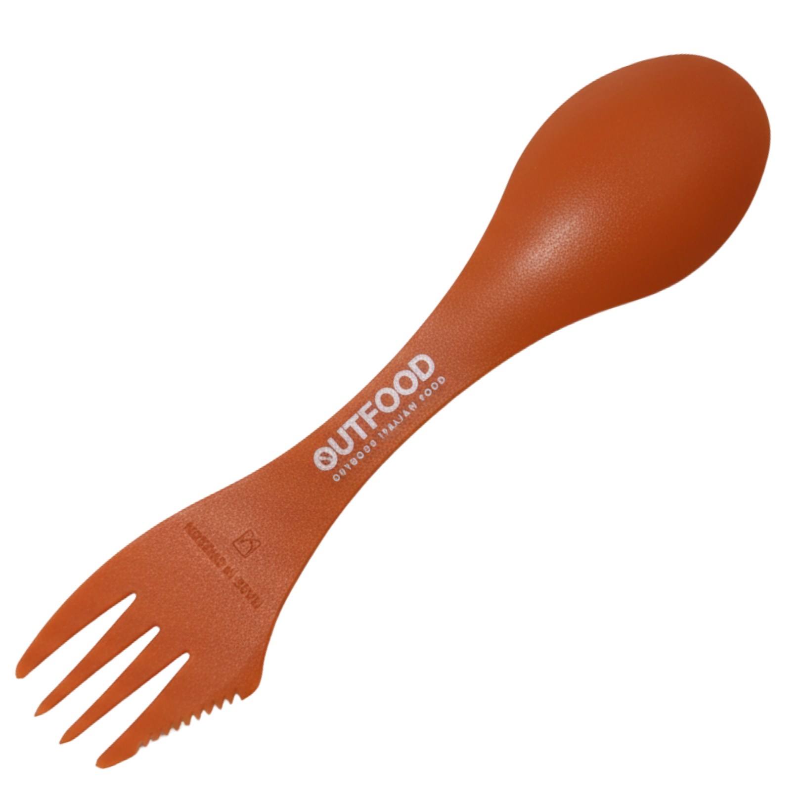 Spork Outfood arancione in plastica, con cucchiaio, forchetta a tre rebbi e bordo seghettato, logo Outfood bianco.