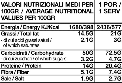 Tabella nutrizionale Outfood Pasta ai Porcini con valori medi per 100g e per porzione.
