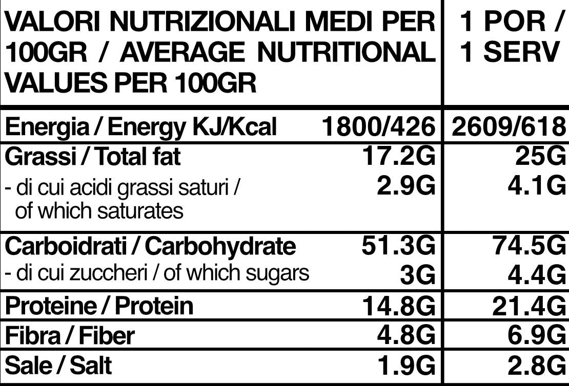 Tabella nutrizionale bianca e nera con valori medi per 100g e per porzione, dettagliando energia, grassi, carboidrati, proteine, fibre e sale.