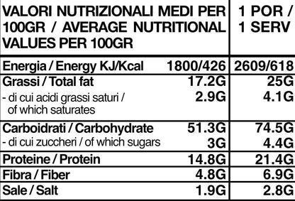 Tabella nutrizionale bianca e nera con valori medi per 100g e per porzione, dettagliando energia, grassi, carboidrati, proteine, fibre e sale.