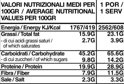 Tabella nutrizionale bianca con valori medi per 100g e per porzione, dettagliando energia, grassi, carboidrati, proteine, fibre e sale.