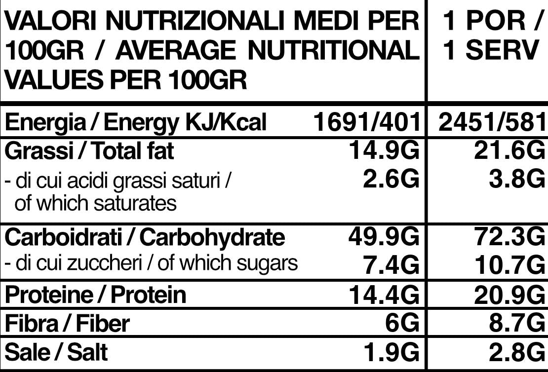 Tabella nutrizionale Outfood con valori medi per 100g e per porzione, dettagliando energia, grassi, carboidrati, proteine, fibre e sale.