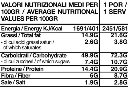 Tabella nutrizionale Outfood con valori medi per 100g e per porzione, dettagliando energia, grassi, carboidrati, proteine, fibre e sale.