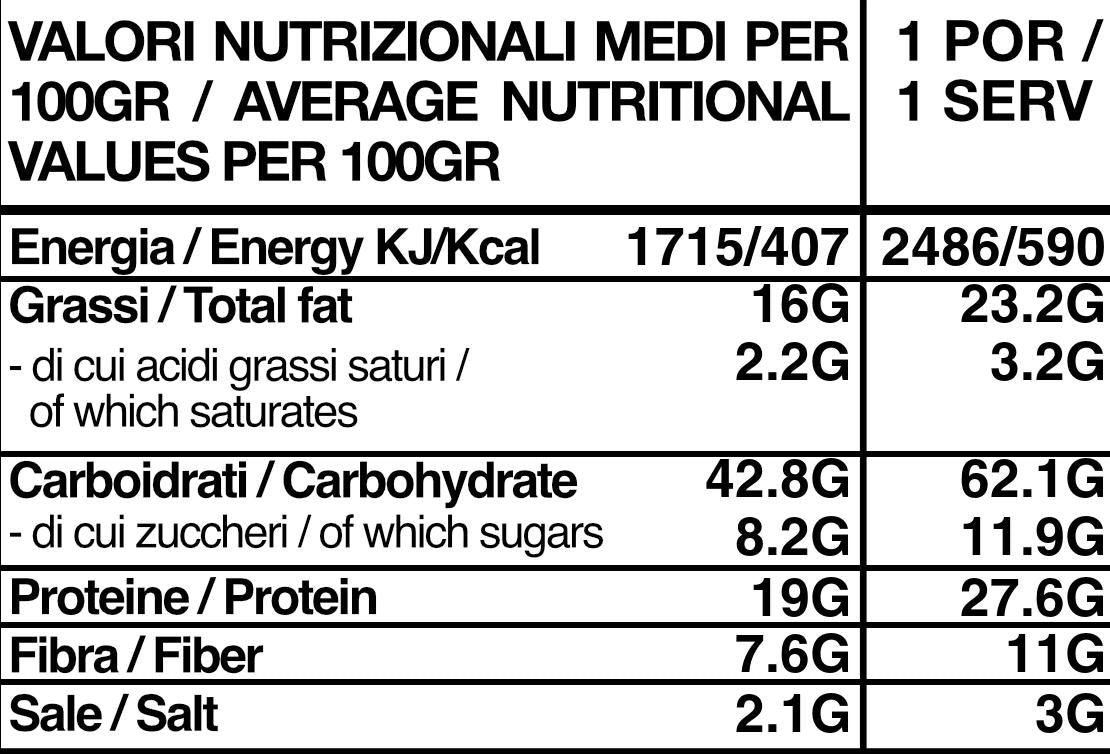 Tabella nutrizionale Outfood con valori medi per 100g e per porzione, mostrando energia, grassi, carboidrati, proteine, fibre e sale.