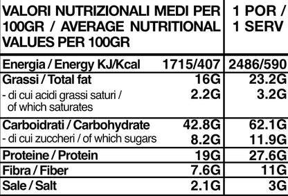 Tabella nutrizionale Outfood con valori medi per 100g e per porzione, mostrando energia, grassi, carboidrati, proteine, fibre e sale.
