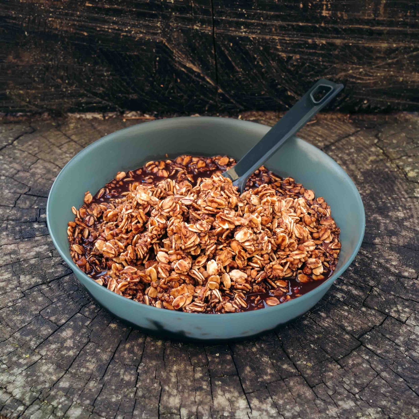 Porridge al cioccolato fondente Outfood in ciotola verde scuro con cucchiaio nero su tronco d'albero.