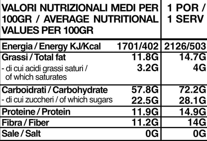 Tabella nutrizionale bianca con valori medi per 100g e per porzione, testo nero in italiano e inglese.