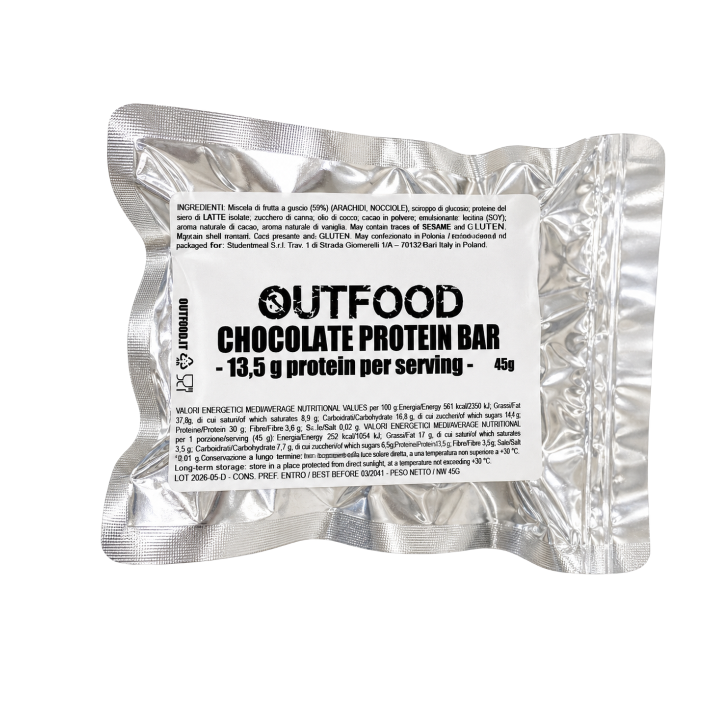 Barretta proteica Outfood Cioccolato da 45g in confezione sigillata argento, con etichetta nera e bianca.