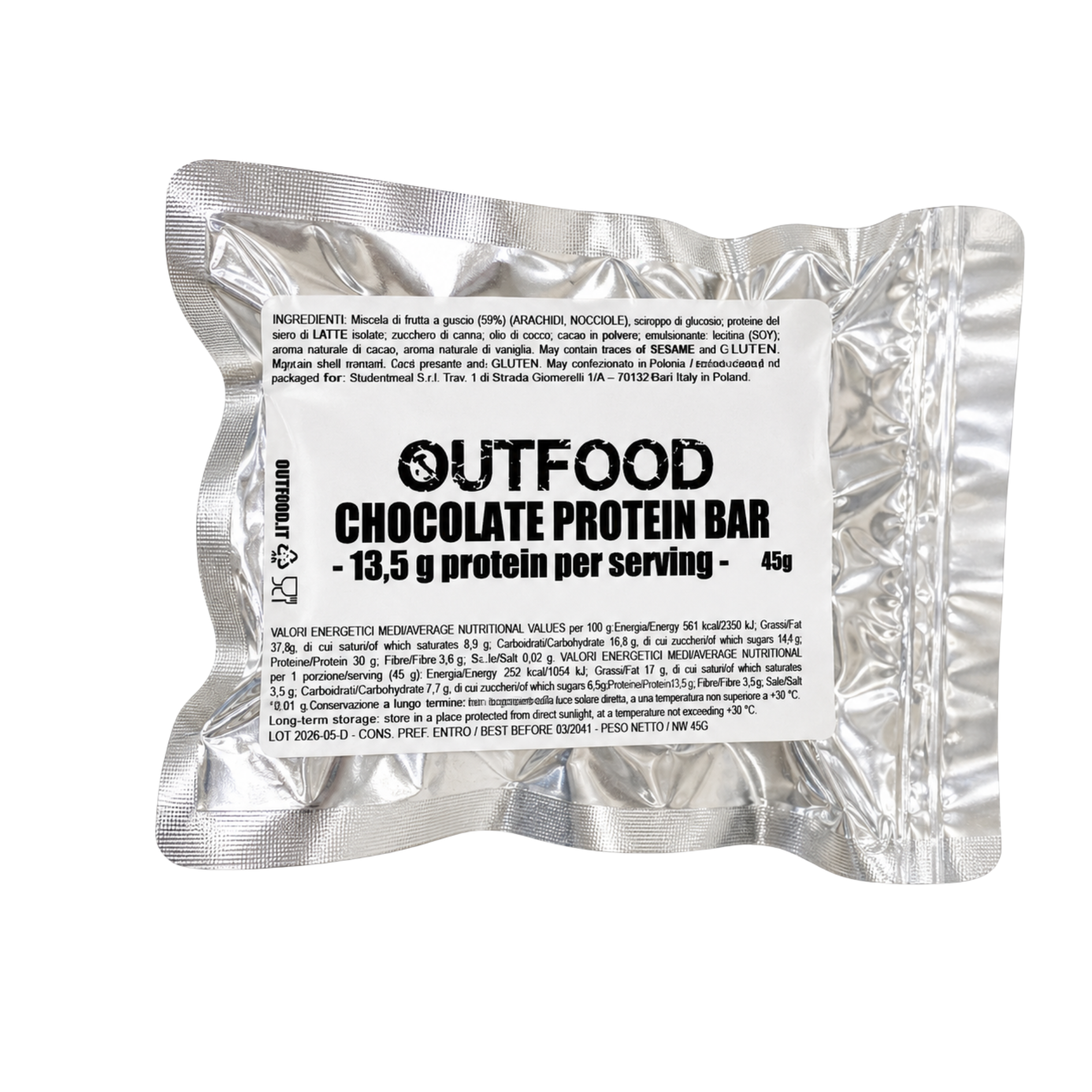 Barretta proteica Outfood Cioccolato da 45g in confezione sigillata argento, con etichetta nera e bianca.