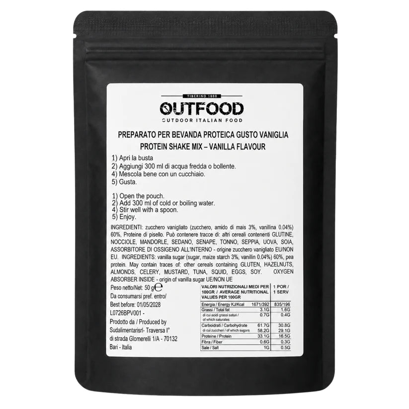 Bustina nera opaca Outfood da 50g di preparato per bevanda proteica gusto Vaniglia con etichetta bianca frontale e istruzioni in italiano e inglese.