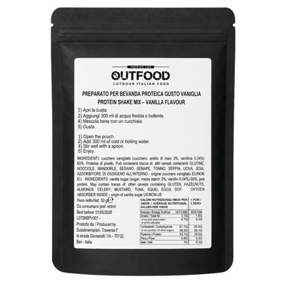 Bustina nera opaca Outfood da 50g di preparato per bevanda proteica gusto Vaniglia con etichetta bianca frontale e istruzioni in italiano e inglese.