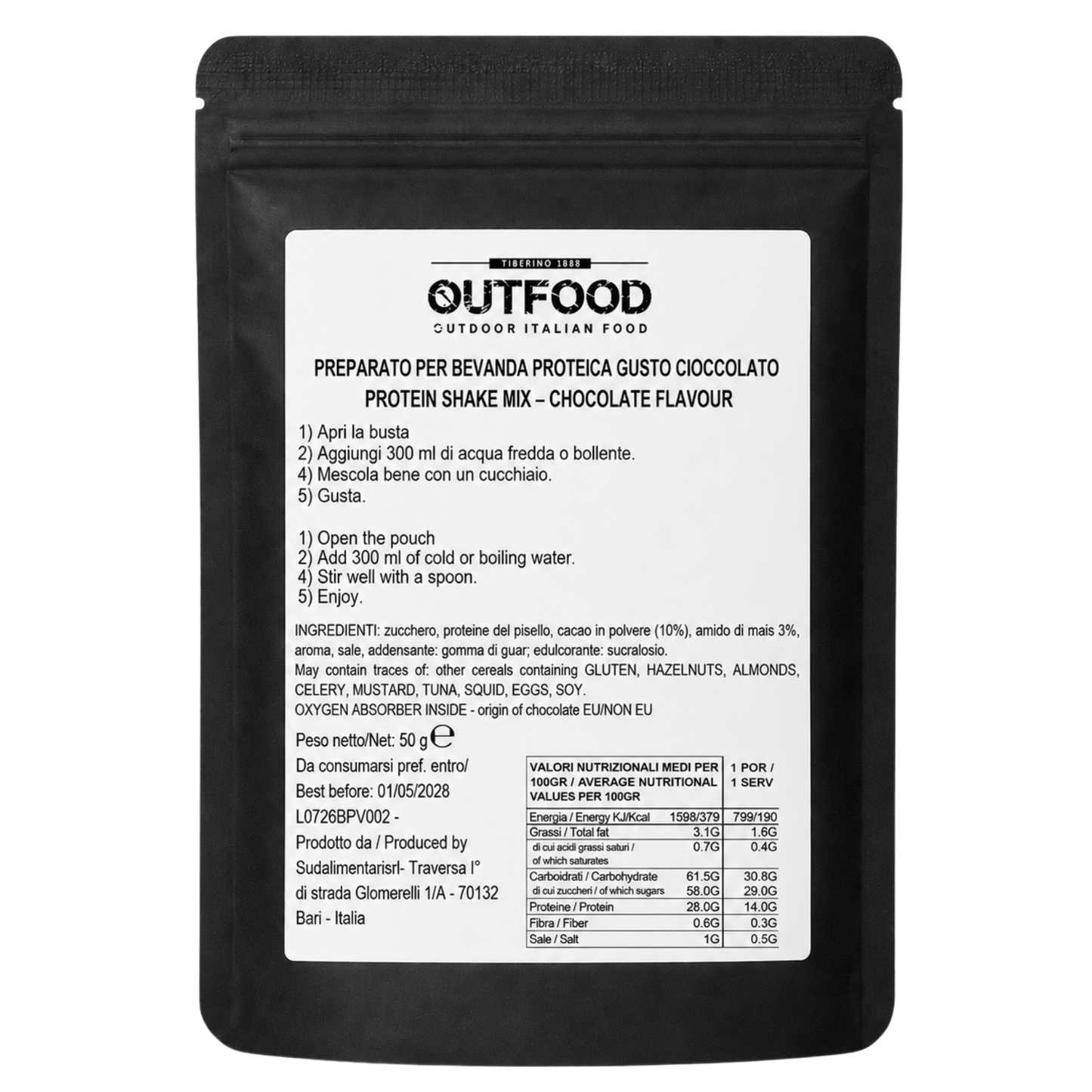 Busta nera opaca da 50g di Outfood Protein Shake Mix gusto Cioccolato con etichetta bianca dettagliata e testo nero.