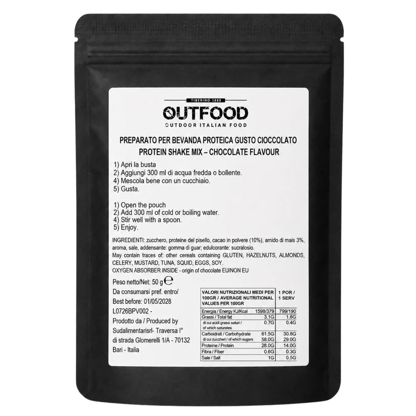 Busta nera opaca OutFood da 50g di Protein Shake Mix gusto Cioccolato con etichetta bianca frontale.