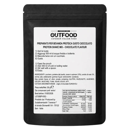 Busta nera opaca OutFood da 50g di Protein Shake Mix gusto Cioccolato con etichetta bianca frontale.