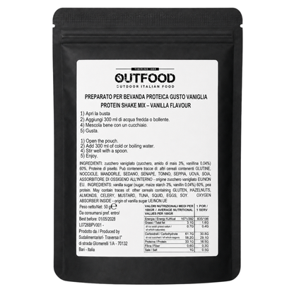 Bustina nera opaca OutFood da 50g di preparato per bevanda proteica gusto vaniglia, con etichetta bianca e testo nero.