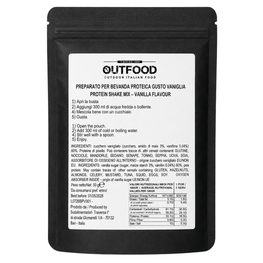 Bustina nera opaca OutFood da 50g di preparato per bevanda proteica gusto vaniglia, con etichetta bianca e testo nero.