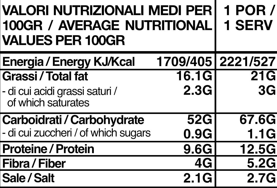 Tabella nutrizionale bianca con valori medi per 100g e per porzione, dettagliando energia, grassi, carboidrati, proteine, fibre e sale.