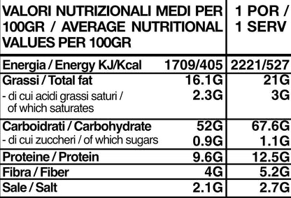 Tabella nutrizionale bianca con valori medi per 100g e per porzione, dettagliando energia, grassi, carboidrati, proteine, fibre e sale.
