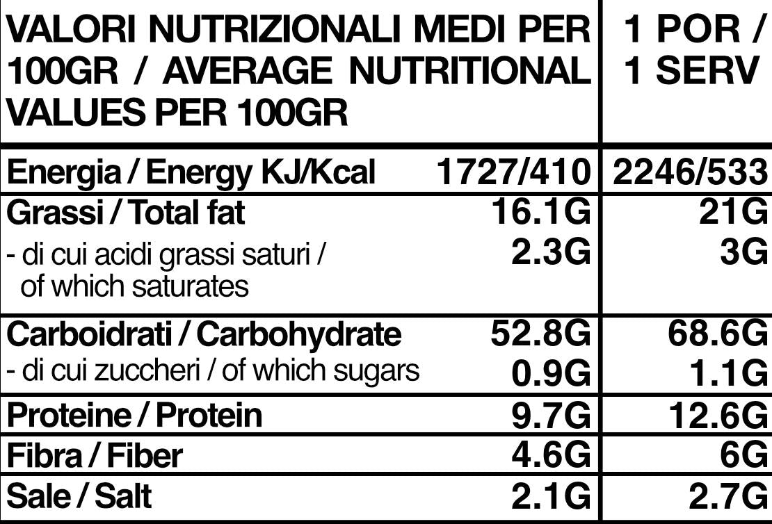 Tabella nutrizionale bianca e nera con valori medi per 100g e per porzione, dettagliando energia, grassi, carboidrati, proteine, fibre e sale.
