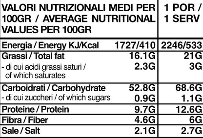 Tabella nutrizionale bianca e nera con valori medi per 100g e per porzione, dettagliando energia, grassi, carboidrati, proteine, fibre e sale.