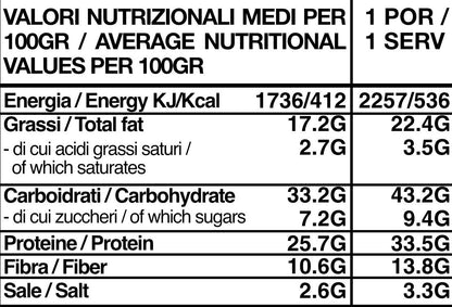 Tabella nutrizionale bianca e nera con valori medi per 100g e per porzione, mostrando energia, grassi, carboidrati, proteine, fibre e sale.
