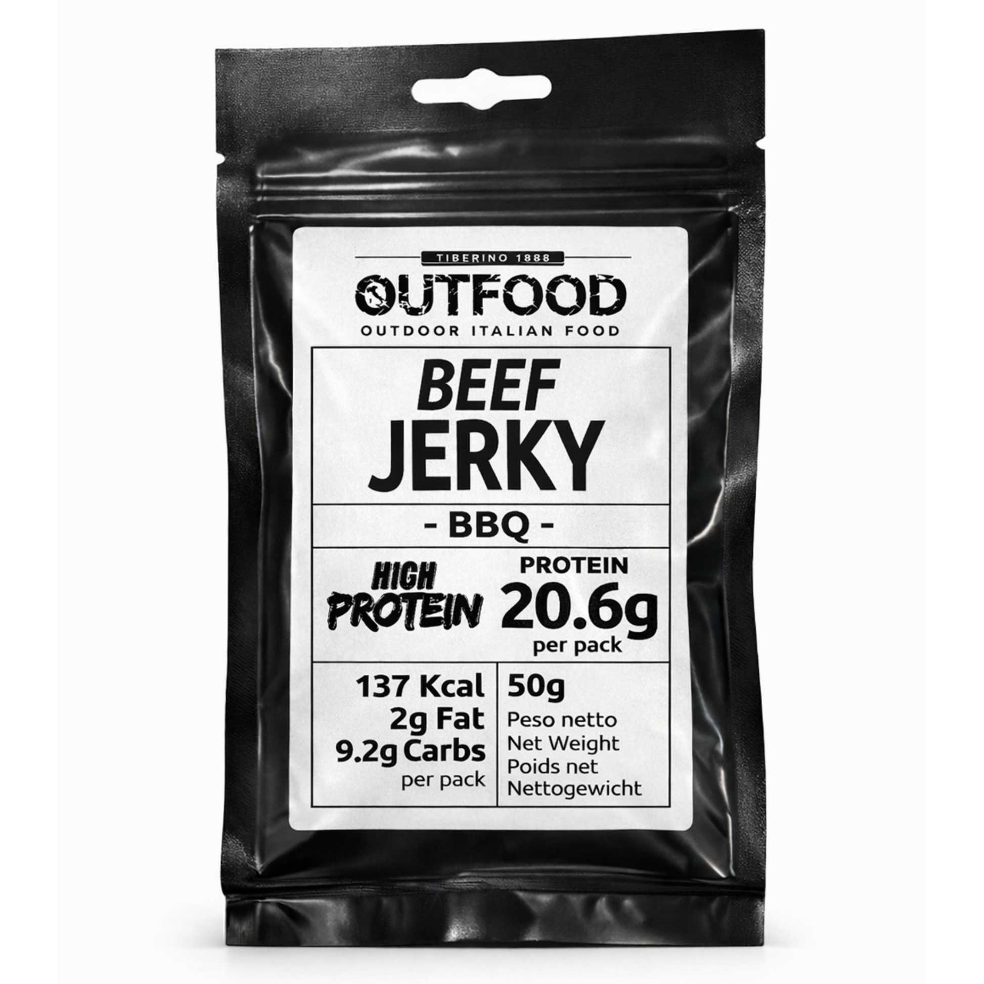 Busta nera opaca di Outfood Beef Jerky BBQ da 50g con etichetta bianca, 20.6g proteine, 137 Kcal.